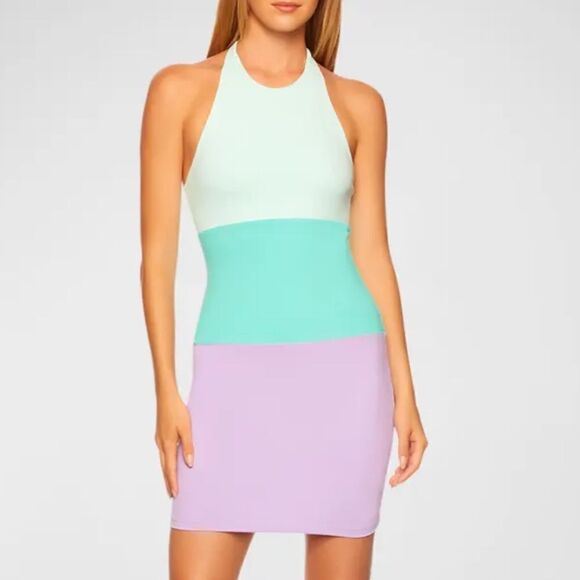NEW Susana Monaco Colorblock Halter Bodycon Mini Dress Teal Pink Small - Picture 1 of 6
